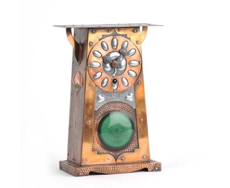 ARTS & CRAFTS COPPER & PEWTER MANTLE CLOCK WITH CIRCULAR ENAMEL PANEL.  POSSIBLY GERTRUDE CARTER.  GHC STAMPED TO BASE, CIRCA