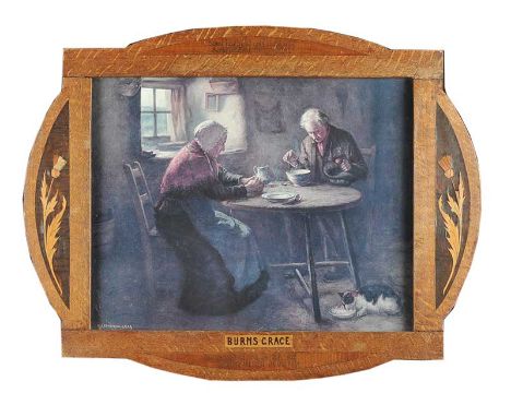 OAK FRAMED ARTS & CRAFTS COLOURED PRINT, 'BURNS' GRACE', BY H.J. DOBSON ARCA.LENGTH: 21 INCHES.  WIDTH: 27 INCHES.PIECE OF VE
