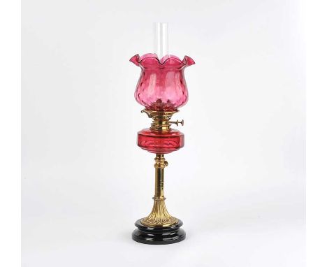 VICTORIAN BRASS TELESCOPIC PILLAR OIL LAMP WITH RUBY GLASS BOWL & LATER RUBY SHADE.  LAMBERT BRIEN & CO.  64 GRAFTON STREET D