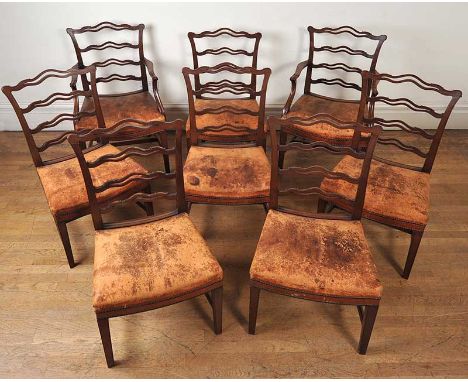 SET OF EIGHT EDWARDIAN MAHOGANY LADDER BACK DINING ROOM CHAIRS WITH BROWN LEATHER SEATS.HEIGHT: 39 INCHES.  WIDTH: 22 INCHES.