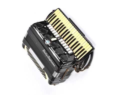 PAOLO SOPRANI PIANO KEY ACCORDIAN IN BOX.WIDTH: 19 INCHES.IN WORKING ORDER.