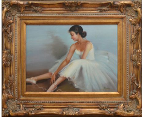 20th century school, Portrait of a ballerina, oil on canvas signed to the bottom right 'Stuart, in a gilt frame, AF 51cm x 61