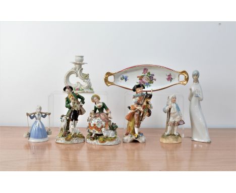 A collection of European ceramic items,  including a Limoge twin handle tray, 29.5cm in length, a Dreseden candlestick 13cm h