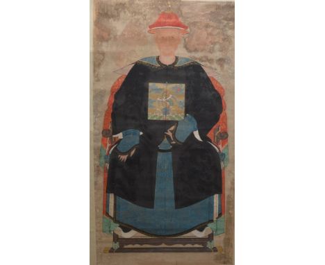 A large early 20th century Chinese hangining scroll of a seated man, panel size 151cm H x 81cm W