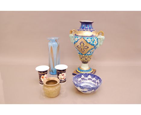 A collection of ceramics and one item of glass,  including a 20th century two handled vase, 36cm high, studio pottery pot, an