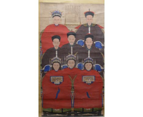 A large early 20th century Chinese hangining scroll of a group of seated people, depicting four women and four men, with a pa