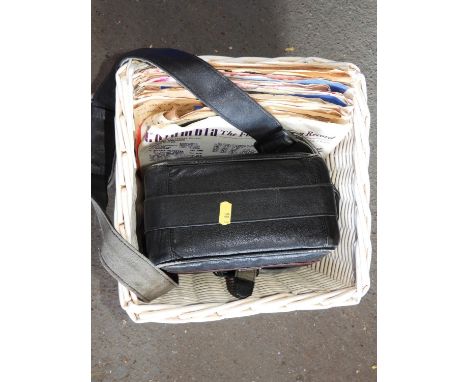 Wicker Basket and Contents - Records and Canon Camera Case 