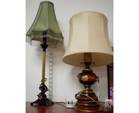A reproduction turned wooden brass mounted table lamp with silk shade, and one other (2)