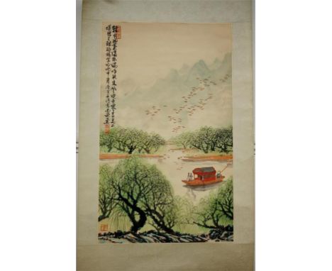 A mid-20th century Chinese scroll painting depicting a mountainous lake scene Condition Report / Extra Information Overall co