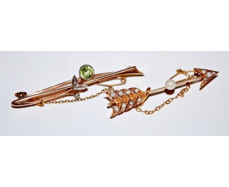 A 15ct gold green peridot and diamond point set bar brooch, and one other yellow gold and seed pearl set arrow bar brooch (2)