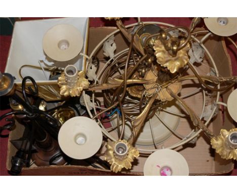 A large painted wooden table lamp, and a six branch ceiling light fitting, some others and various shades