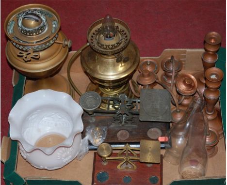 Assorted metalwares to include two oil lamps (one converted), two postal scales, plated three light candelabra, etc