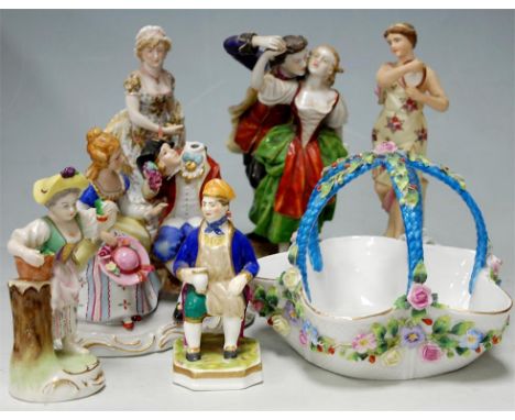 Assorted china figurines to include; Meissen Dresden style examples and a continental porcelain posy basket