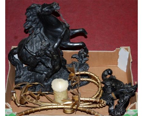 Metalwares to include cast spelter Marley horse and horseman, gilt metal three branch wall light, resin moulding, etc