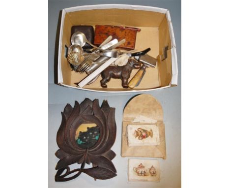 Mixed lot to include; novelty nutcracker in the form of a dog, cased set of brass weights, loose silver plated cutlery, Meers