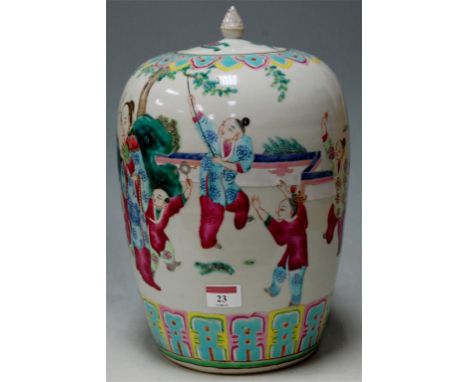 A Chinese export ginger jar and cover, decorated with figure landscape in bright enamels  Condition Report / Extra Informatio