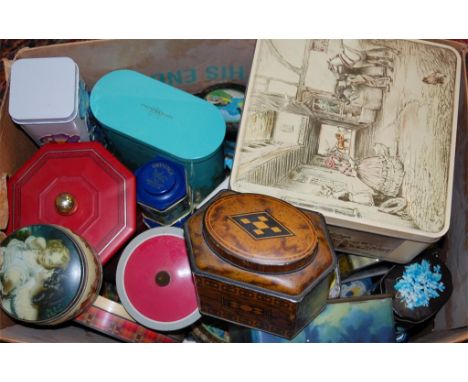 A collection of various tins to include Crawford & Sons biscuit tin in the form of a tunbridgeware tea caddy
