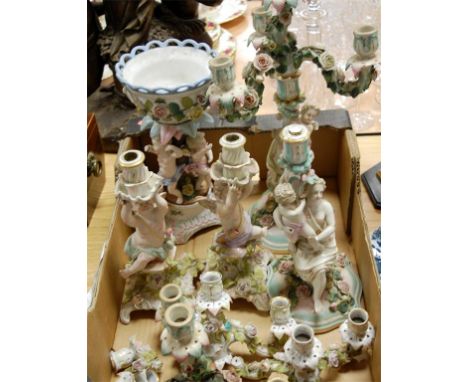German porcelain wares to include pair four light candelabrum, pair two light candelabra, and table centrepiece (all with ext