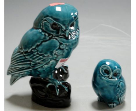 Two Poole pottery blue  glazed owls