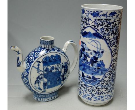 A Chinese export blue and white teapot, and a Chinese export blue and white cylindrical vase, signed verso (vase restored) (2