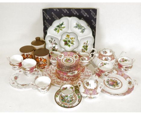 Three Royal Worcester 'Palissy' lidded storage jars, a Royal Worcester 'Herbs' large sectioned dish, a Royal Albert 'Lady Car