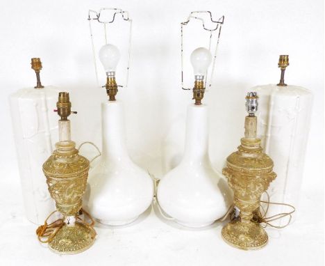 Pair of rococo-style plaster table lamps, an 20th century spatter glass light shade,&nbsp;a pair of modern baluster-shaped ta