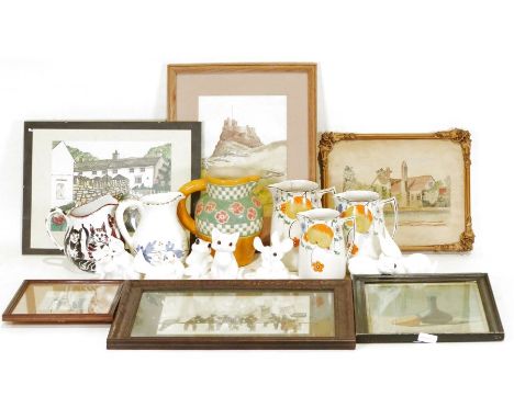 Three Gibsons pottery jugs, various Royal Osbourne porcelain models of animals to include cats, rabbits, pig, etc, various as