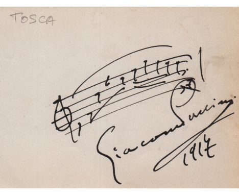 PUCCINI GIACOMO: (1858-1924) Italian Composer. A good, bold A.M.Q.S., Giacomo Puccini, on a 12mo piece, n.p., 1917. In dark f