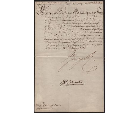 GEORGE IV: (1762-1830) King of the United Kingdom 1820-30. D.S., George R, as King, at the foot, one page, folio, St. James's