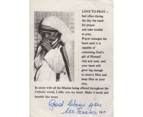 TERESA MOTHER: (1910-1997) Albanian Roman Catholic Nun, Nobel Peace Prize winner, 1979. Signed small 8vo printed paperstock i