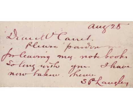 LANGLEY SAMUEL PIERPONT: (1834-1906) American Astronomer, Physicist & Inventor. A.L.S., S P Langley, to the verso of his pers
