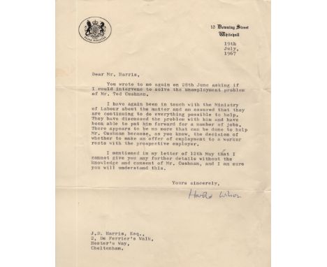 WILSON HAROLD: (1916-1995) British Prime Minister 1964-70, 1974-76. T.L.S., Harold Wilson, one page, 4to, 10 Downing Street, 