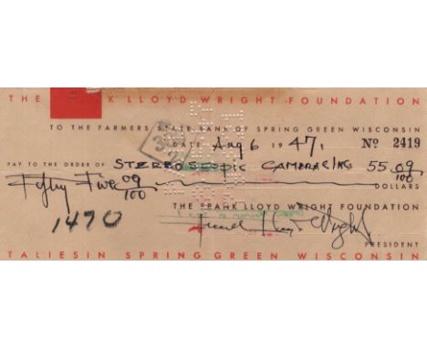 WRIGHT FRANK LLOYD: (1867-1959) American Architect and Interior Designer. D.S., Frank Lloyd Wright, being a signed cheque, Ta