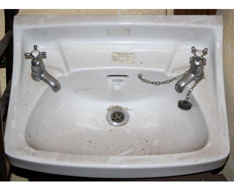 Vintage white Twyfords basin and brass ? taps and plug set 