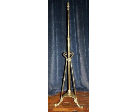Antique art nouveau influence, heavy brass, telescopic standard lamp on tripod base 