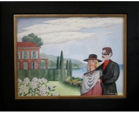 Figures in a Mediterranean Garden, dreamlike, quirky, surrealist painting by Peter Heaton. During his career the artist worke