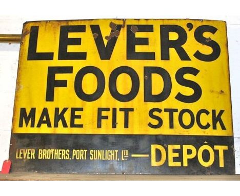 Vintage enamel sign proclaiming that 'Lever's Foods make fit stock. A striking genuine old English enamel advertising sign in