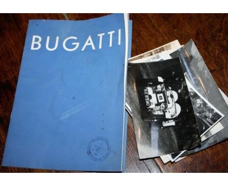 A vintage Bugatti car brochure featuring racing cars, saloons etc, in German,and a small quantity of photos and PCs 