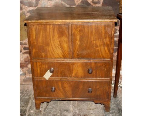 Early 19thC commode, flame mahogany veneers and original turned handles 