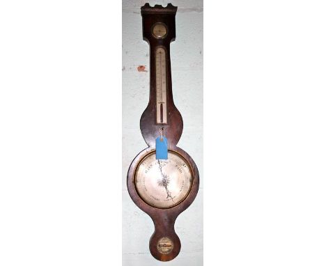Early 19th C banjo barometer with thermometer, humidity dial and level 
