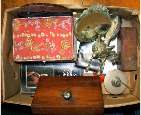 Barbola mirror, brass fox head and tail door knocker, sewing box etc in box 