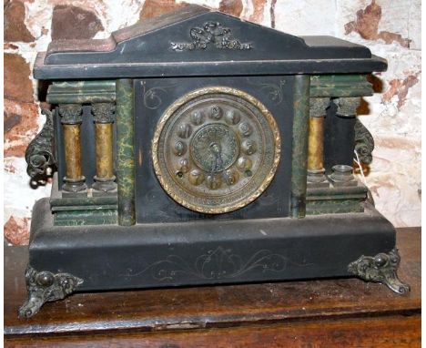 Victorian faux marble and slate mantle clock in wood (missing pillar inside case) 