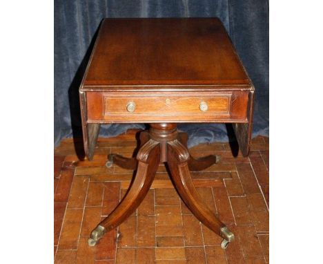 Early 19th C mahogany sofa table with crossbanded top, ebony and boxwood stringing, raised on a quatrefoil pedestal base with