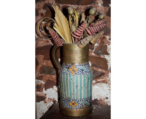 Old ceramic and metal Moroccan flagon and curlieque contents 