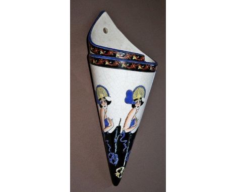 French Art Deco ceramic wall pocket, stamped Emaux Louviere, depicting 'flapper' of the roaring 20's. (in lot 489)