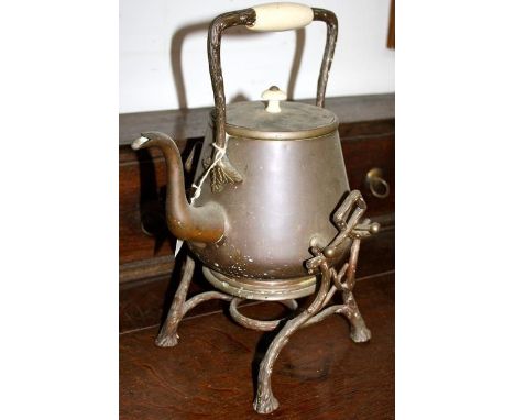 Victorian kettle on stand, handle and stand of wooden effect 'tree trunk' pattern 