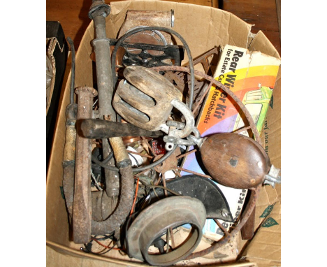 Box and contents including ships blocks, classic car parts etc