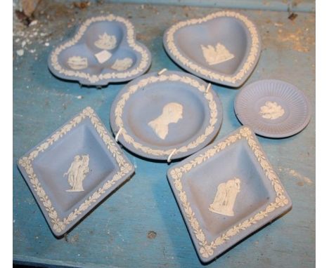 Six small blue Wedgewood Jasperware dishes 