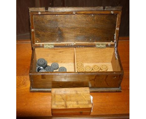 Two wooden games boxes - cribbage and draughts 