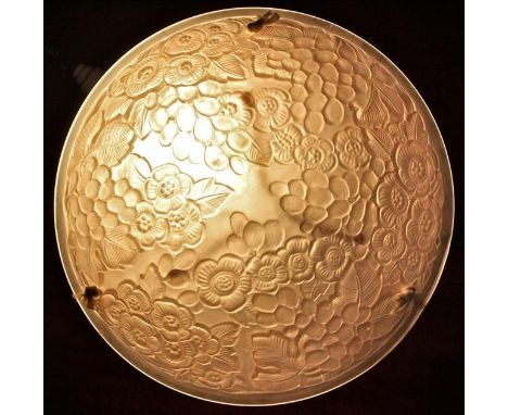 French plafonnier glass hanging ceiling lamp in the style of Lalique signed M. Model, Verdun